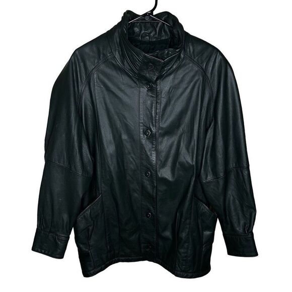 Vintage 90s Pelle Green Leather Coat Medium - Picture 1 of 7